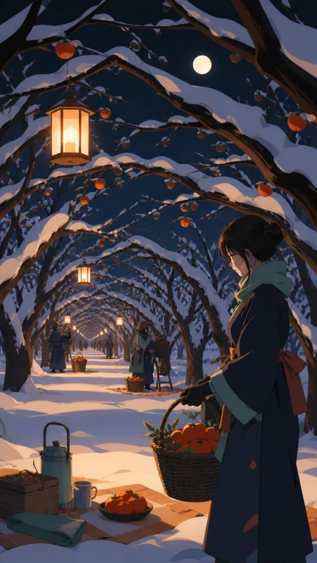 A snow-covered orchard where warm lanterns guide evening workers, with the season communicated through broad clean shapes rather than fine detail. Long avenue perspective beneath a