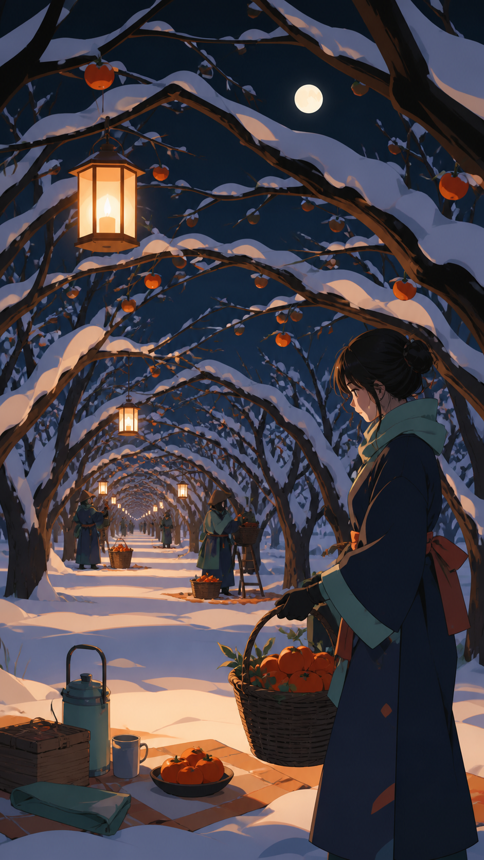 A snow-covered orchard where warm lanterns guide evening workers, with the season communicated through broad clean shapes rather than fine detail. Long avenue perspective beneath an arching canopy. Moonlit indigo, oxidiz