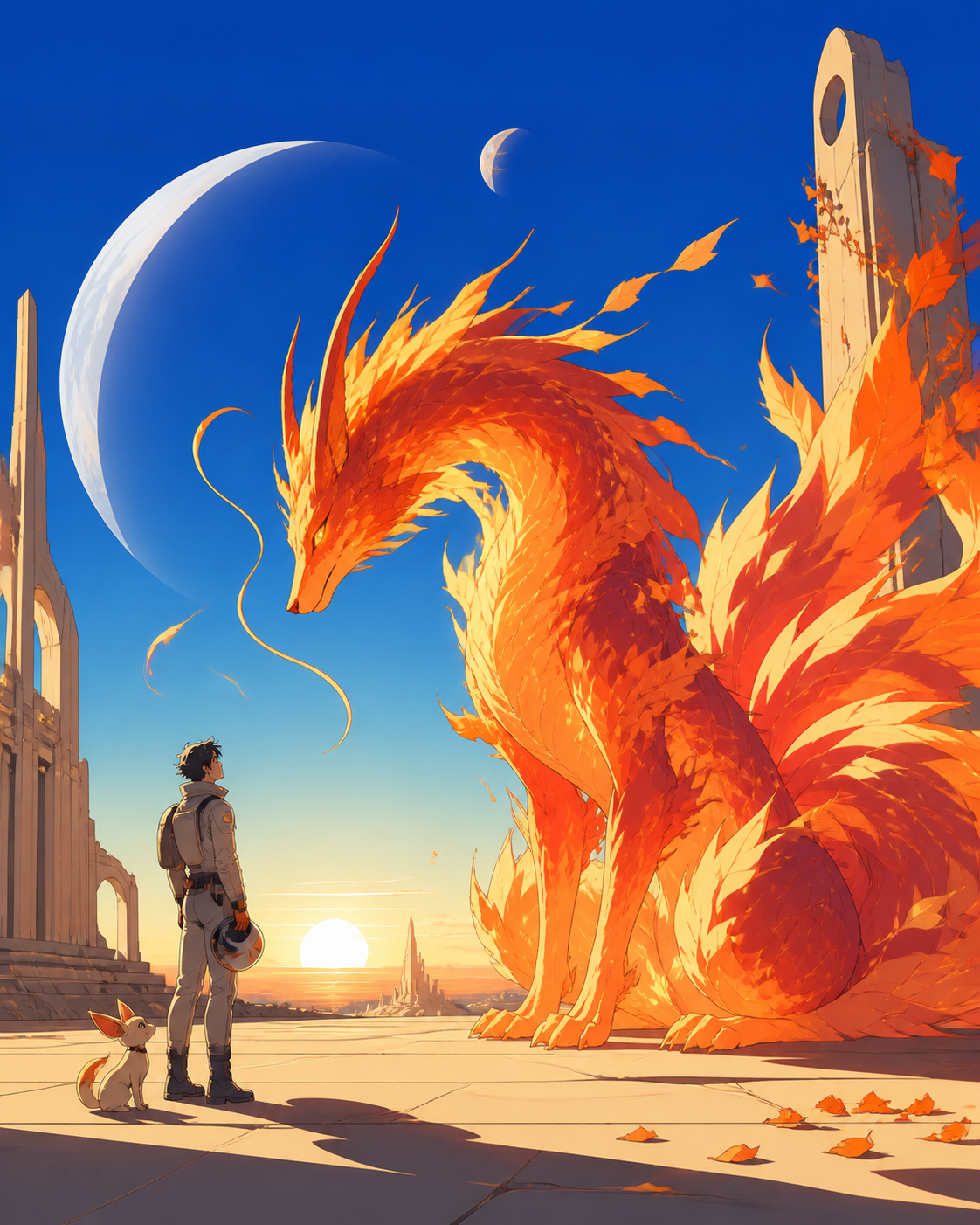 A fox-dragon made from autumn leaves and ember-like light, meeting a lone traveler without hostility for the first time. Majestic full-body creature composition with environmental scale cues. Cobalt, persimmon orange, wa