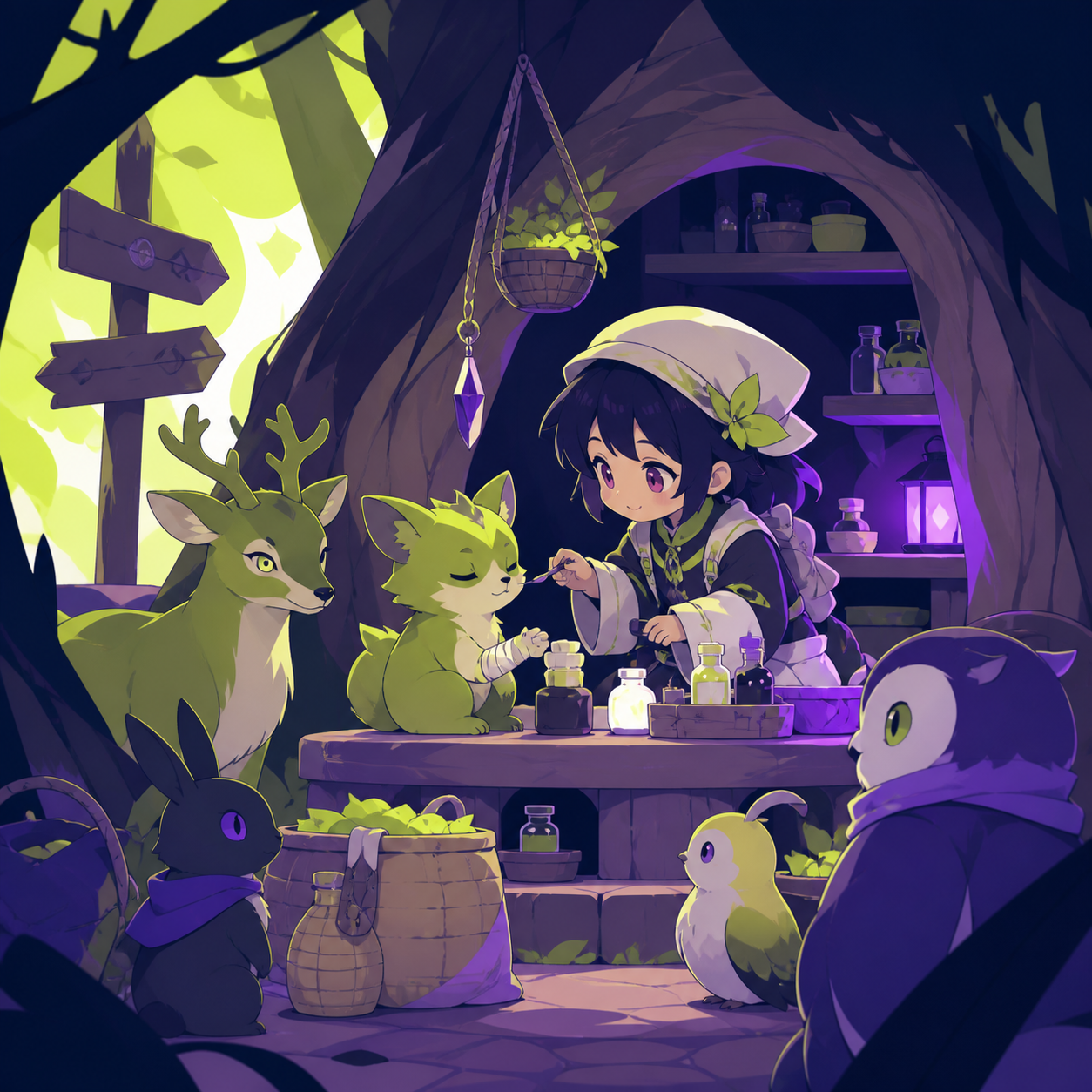 A chibi herbalist running a clinic for woodland creatures, during a warm ordinary interaction rather than a dramatic quest. Cozy clearing scene enclosed by a few large natural shapes. Acid lime, ultraviolet, matte navy, 