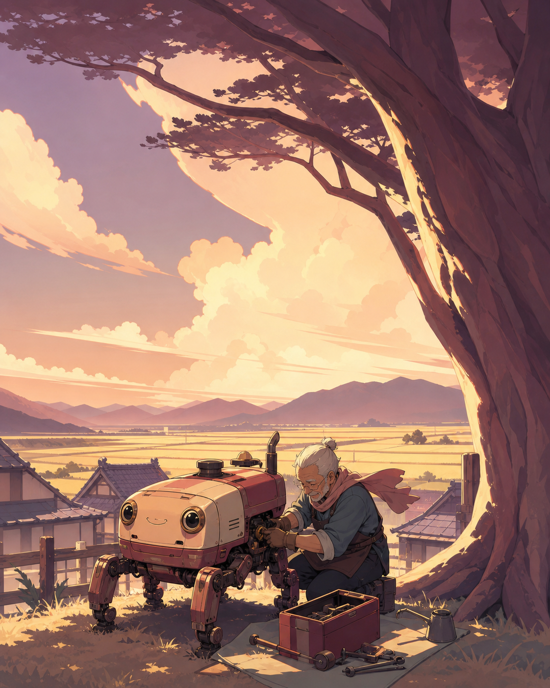 An elderly mechanic repairing a friendly walking farm machine, while distant weather moves across broad fields and tiled rooftops. Warm eye-level narrative frame balanced by a monumental tree. Muted rose, parchment, mute