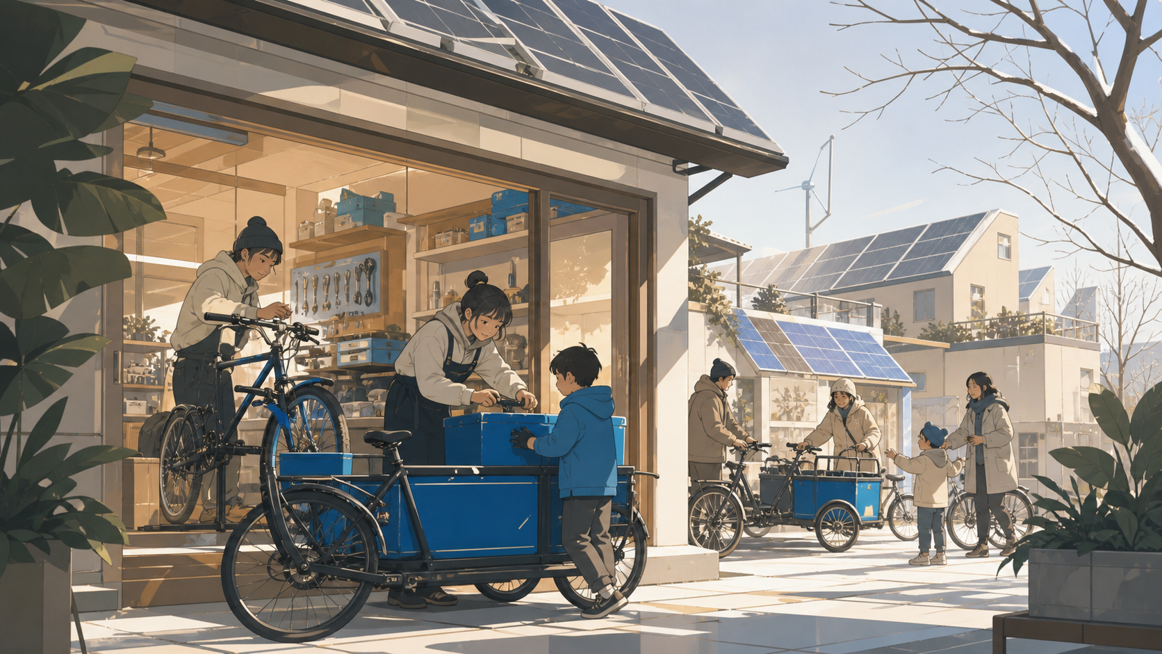 Bike mechanics maintaining a neighborhood cargo-cycle library, as practical climate design becomes part of a local celebration. Human-scale street scene where technology feels ordinary and useful. Soft monochrome with a 