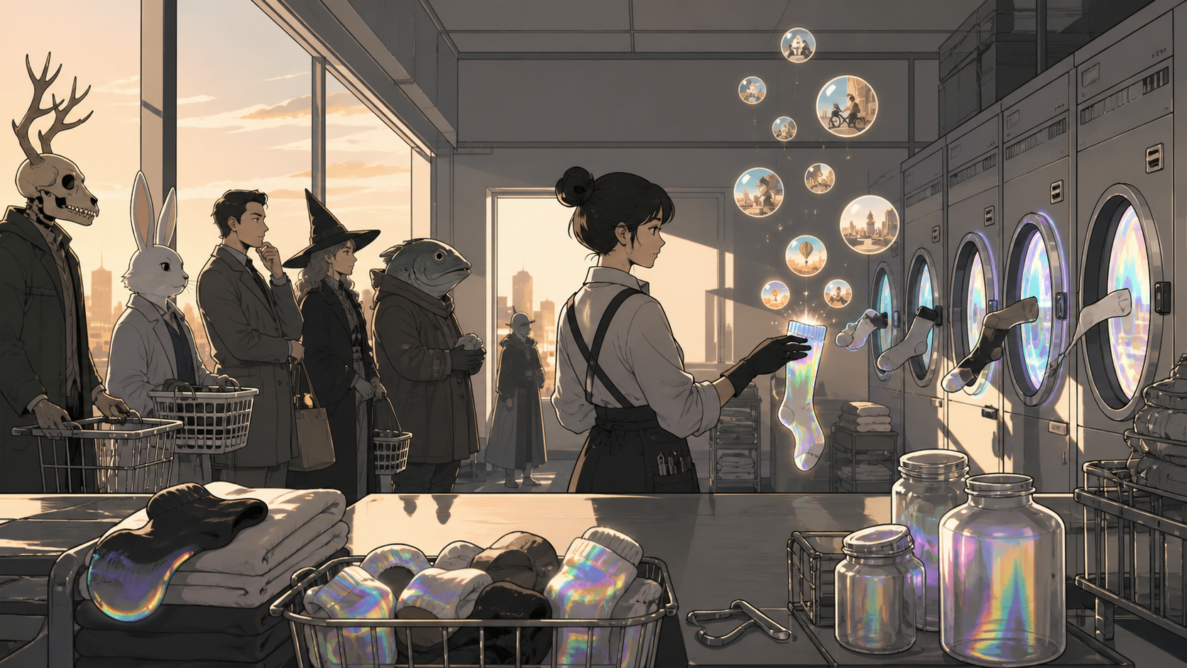 An all-night laundromat where misplaced socks return carrying forgotten memories, while a line of unusual customers waits with patient familiarity. Counter-level composition framed by tools and waiting customers. Monochr