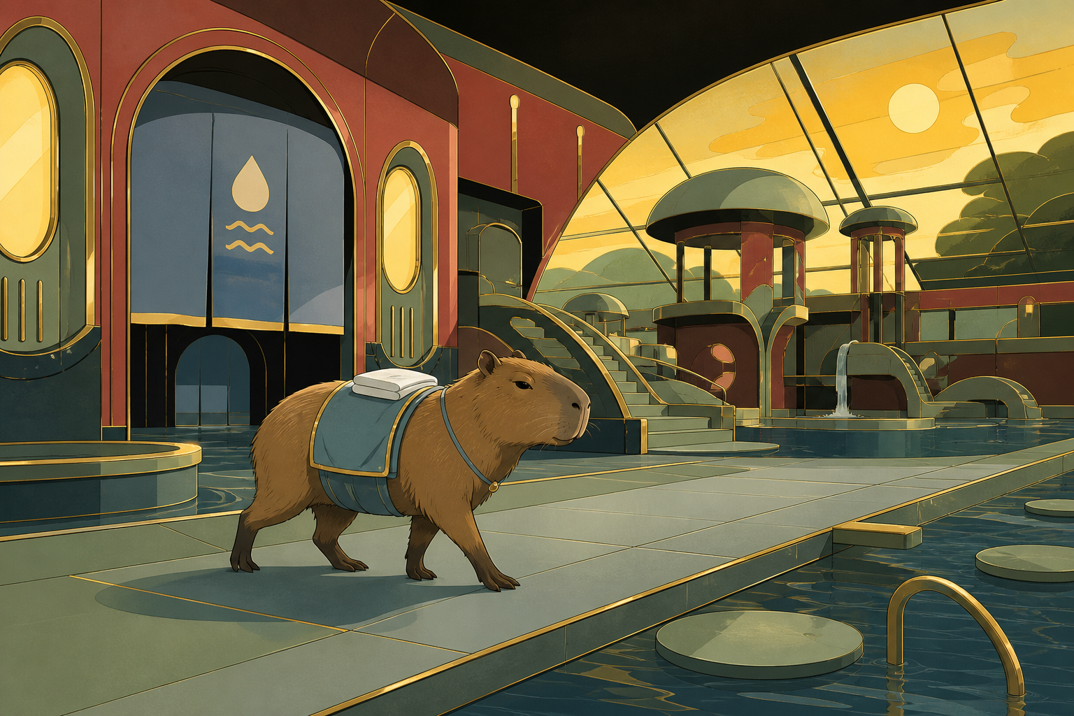 A capybara commuting calmly through a futuristic bathhouse, during a narrative moment driven by animal behavior and place. Wide habitat view anchored by one clear animal action. Clay red, sage, faded denim, and sunflower