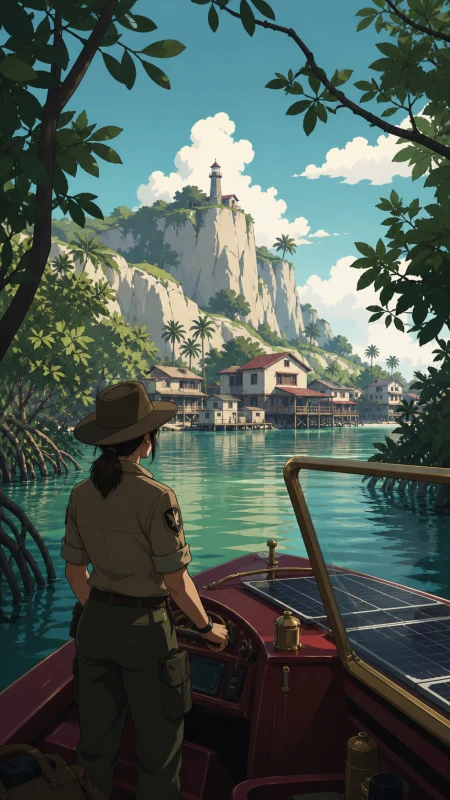 An adult ranger traveling through mangrove channels aboard a small solar skiff, at the first view of a destination reached after a long journey. Elevated coastal composition balanc