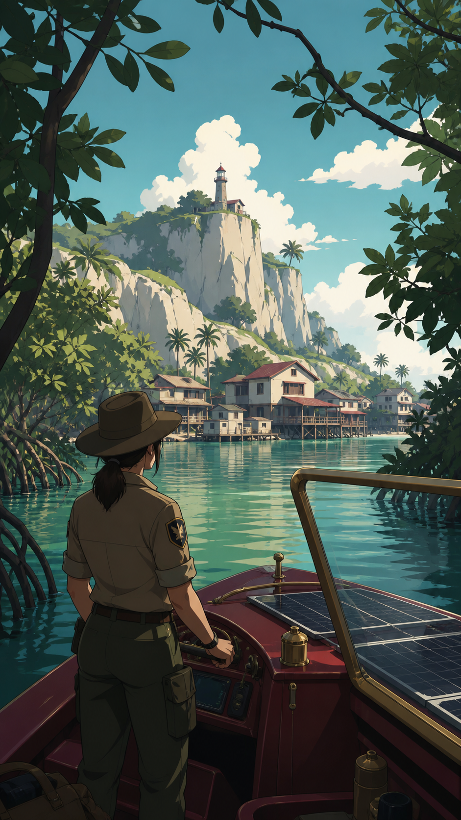 An adult ranger traveling through mangrove channels aboard a small solar skiff, at the first view of a destination reached after a long journey. Elevated coastal composition balancing settlement, water, and landmark. Bur