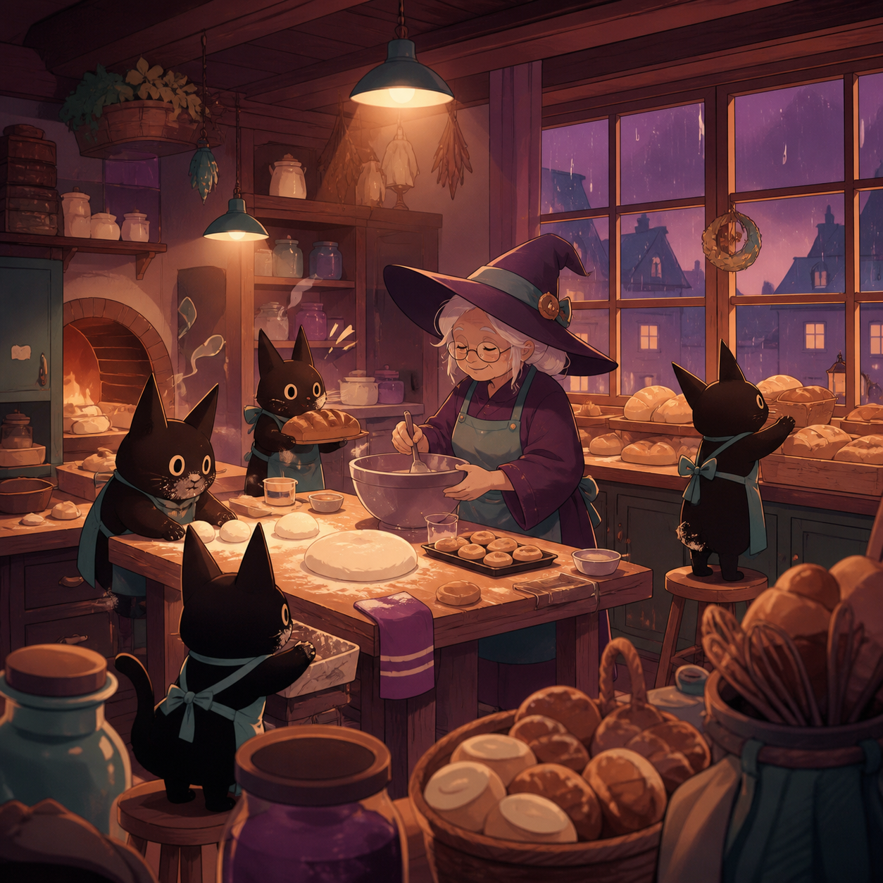 A tiny bakery shared by an elderly witch and several flour-covered familiars, during a rainy evening with every warm light switched on. Inviting room-wide composition with several discoverable details. Apricot, orchid pu