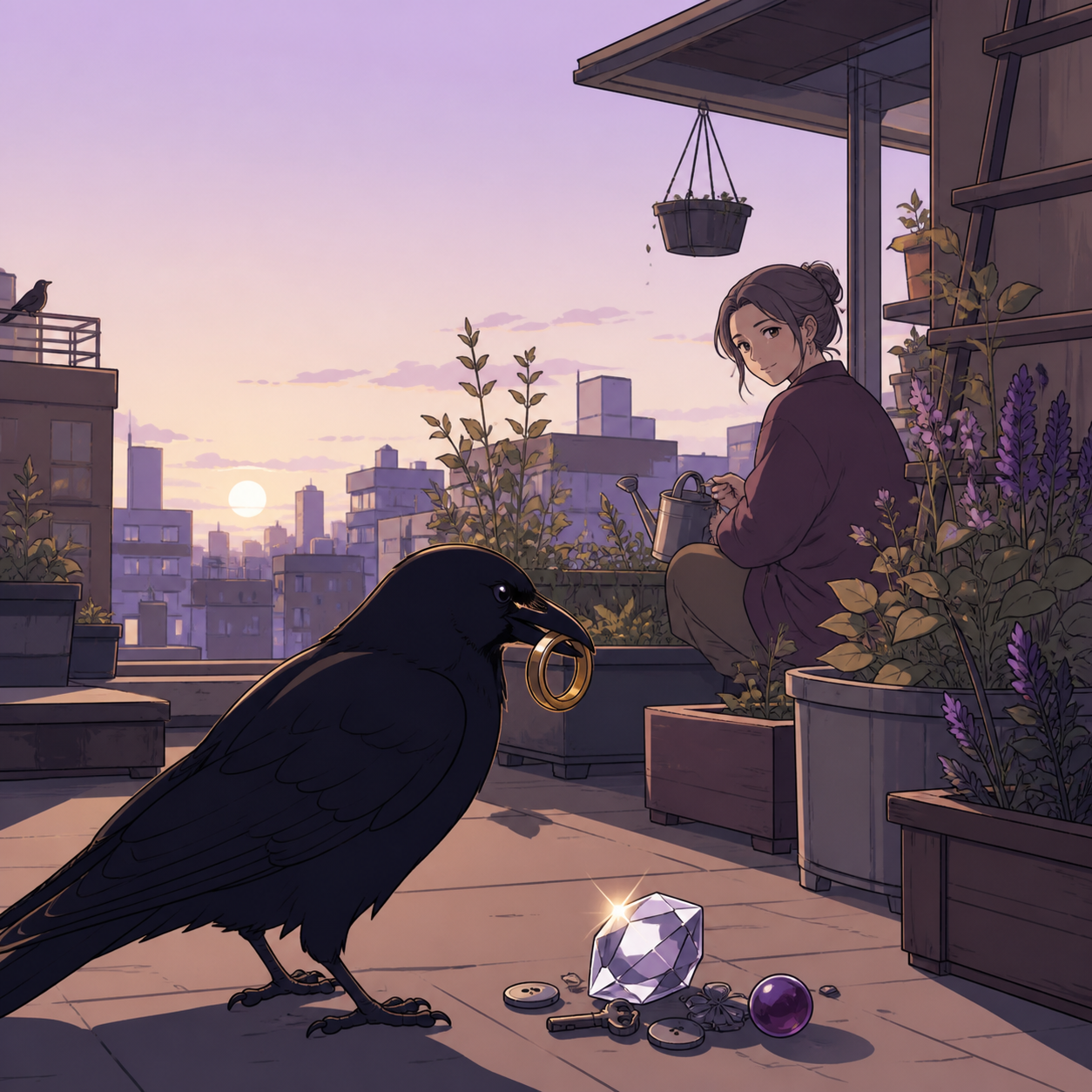 A city crow collecting bright objects for a lonely rooftop gardener, on an ordinary day with one quietly magical rule. Low animal-height perspective through a functional environment. Mulberry, tea brown, tarnished silver