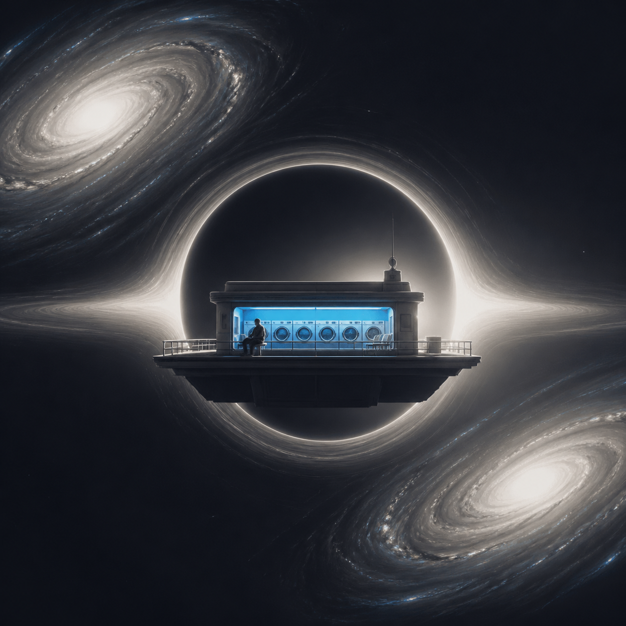 A quiet laundromat orbiting alone between two galaxies, at the calm center of a vast gravitational phenomenon. Expansive widescreen composition with strong negative space. Soft monochrome with a single saturated kingfish