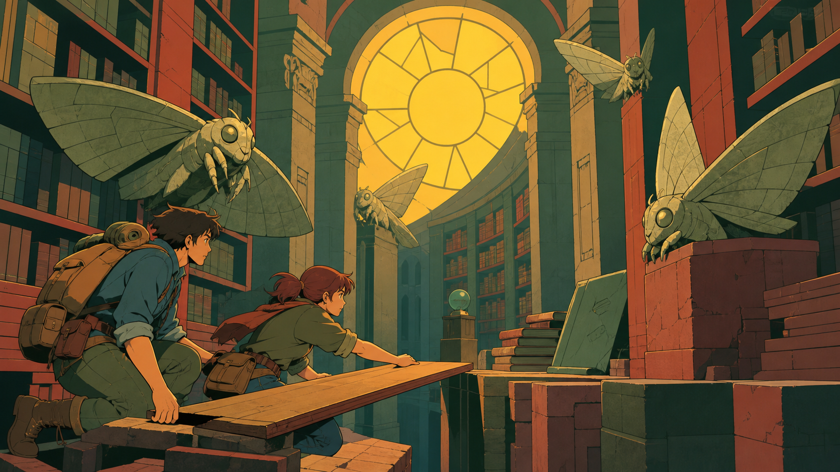 Two treasure hunters navigating a library patrolled by stone moths, solving an environmental obstacle through teamwork rather than combat. Wide party tableau that makes the environment feel explorable. Clay red, sage, fa