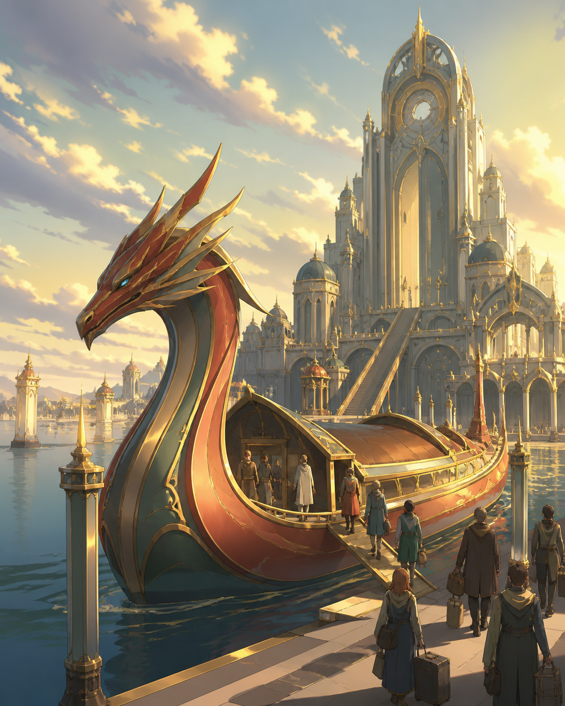 A dragon-shaped riverboat transporting travelers through a flooded kingdom, arriving at an extraordinary terminal during difficult weather. Wide travel-poster composition without typography, emphasizing destination and s