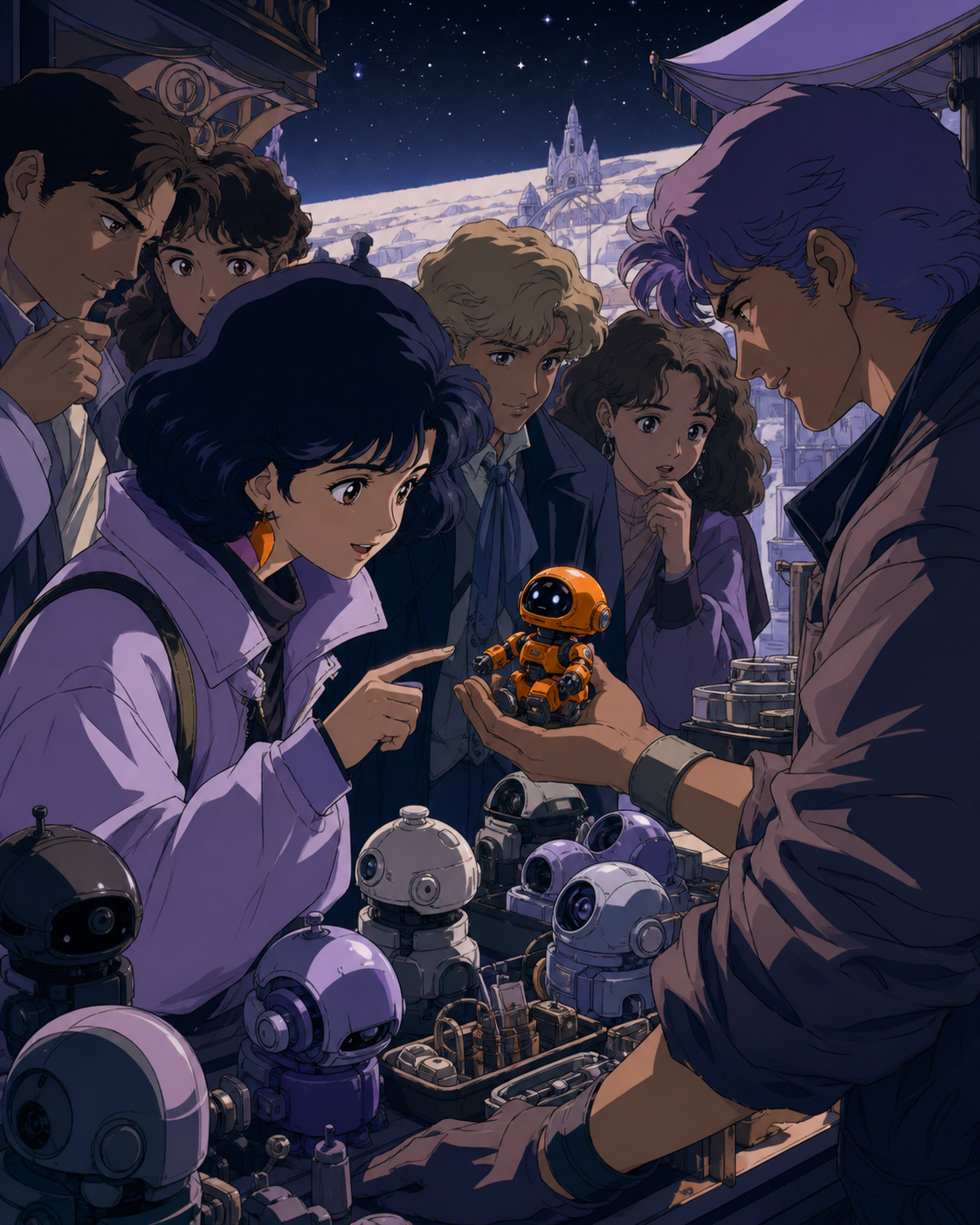 A teen choosing a tiny companion robot from a crowded repair stall, during a sudden transit delay that turns strangers into companions. Close counter scene framed by product shapes and expressive customers. Pale lavender