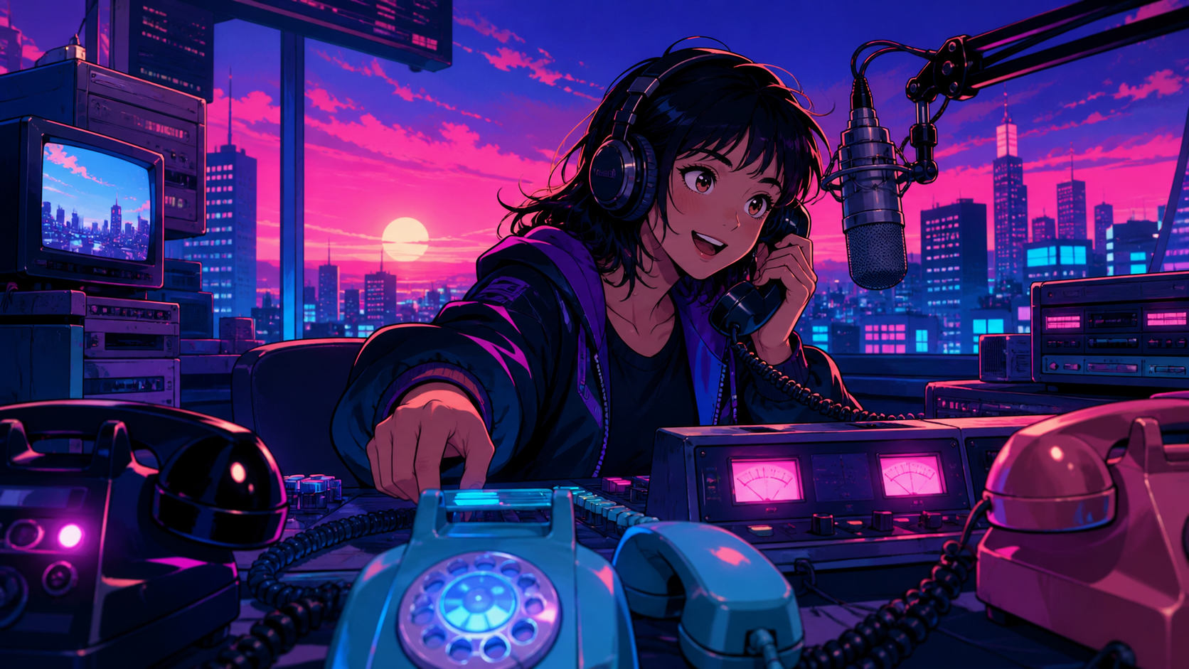 A late-night radio host receiving calls from listeners in alternate cities, during a quiet shift filled with tactile analog equipment. Close counter scene with equipment creating strong foreground shapes. Saturated magen