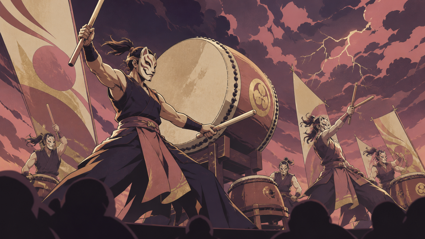 A masked taiko ensemble performing before an approaching summer storm, captured at the emotional peak of the performance. Intimate low-angle concert view with dramatic foreground silhouettes. Muted rose, parchment, muted