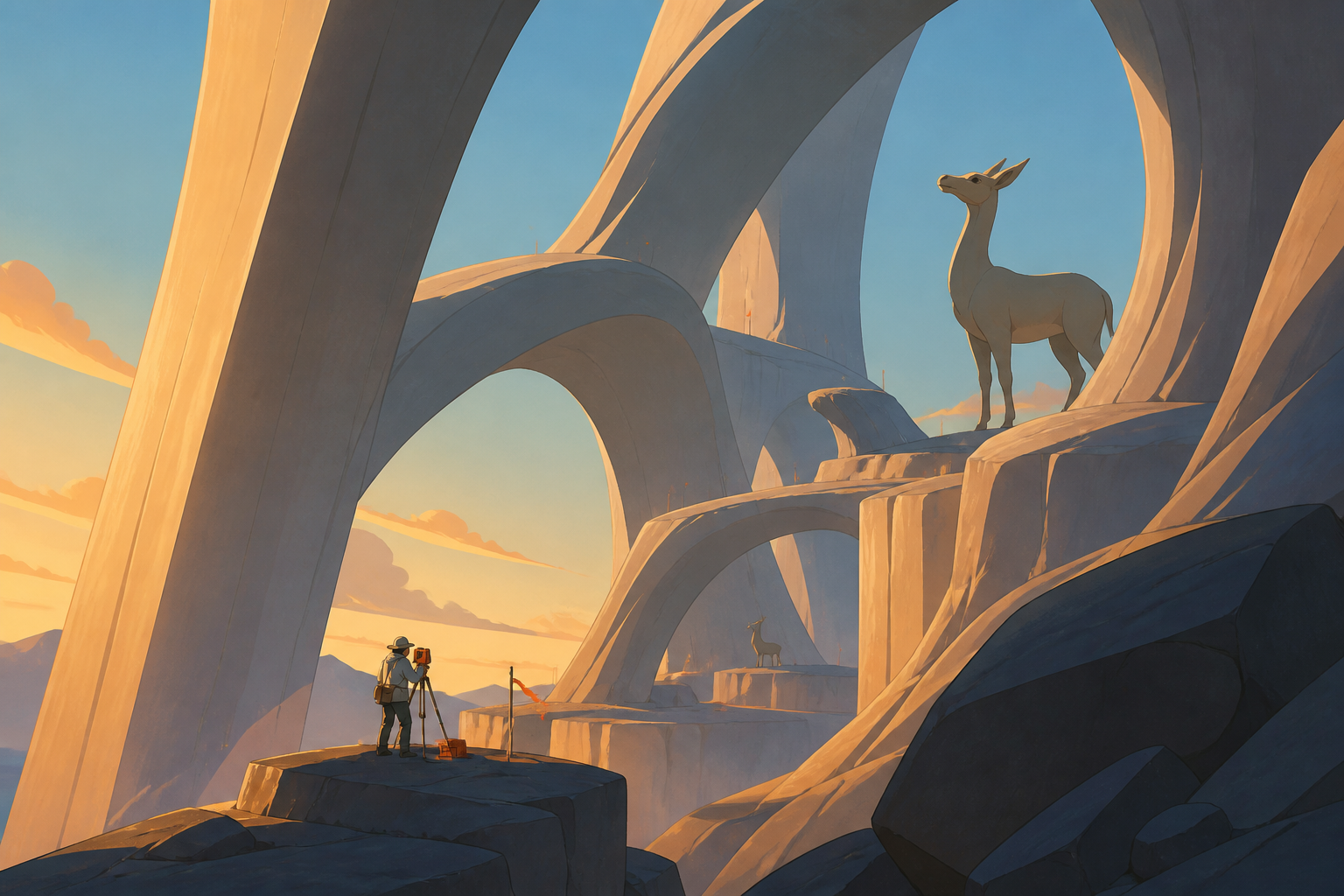 An adult surveyor measuring a forest of enormous smooth stone arches, while careful observation reveals the landscape's unusual rule. Vertical ascent composition with several clear resting points. Amber, walnut brown, ra