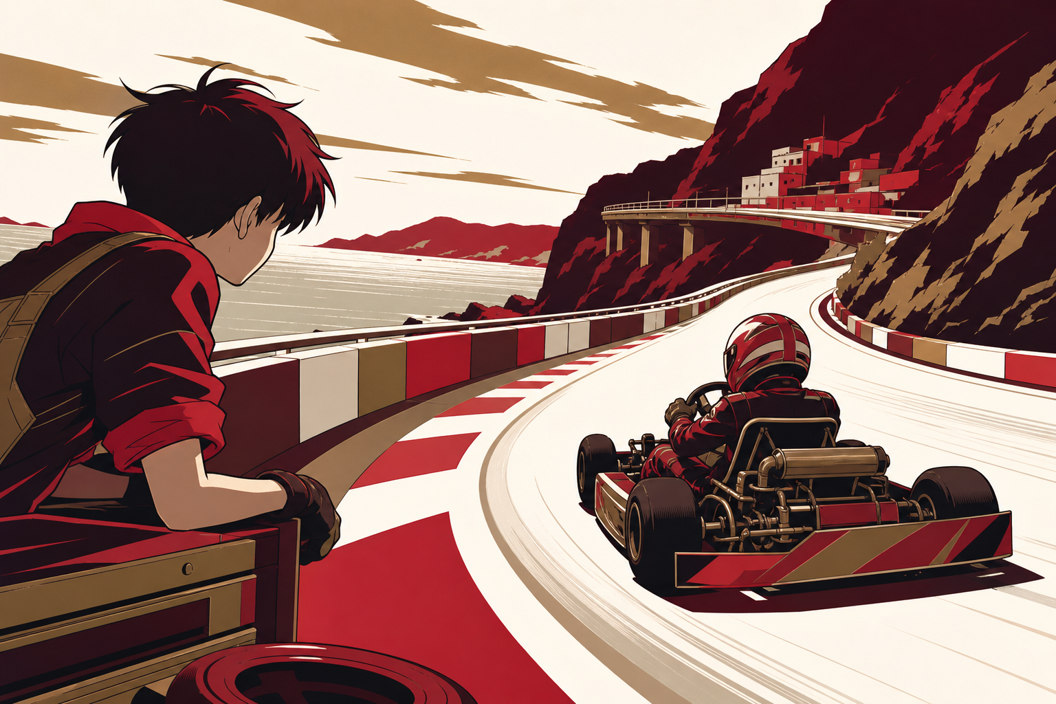 A teenage kart mechanic watching their older sibling enter a night circuit, on a winding coastal road under rapidly changing light. Low tracking angle beside the leading car through a strong curve. Crimson, black cherry,