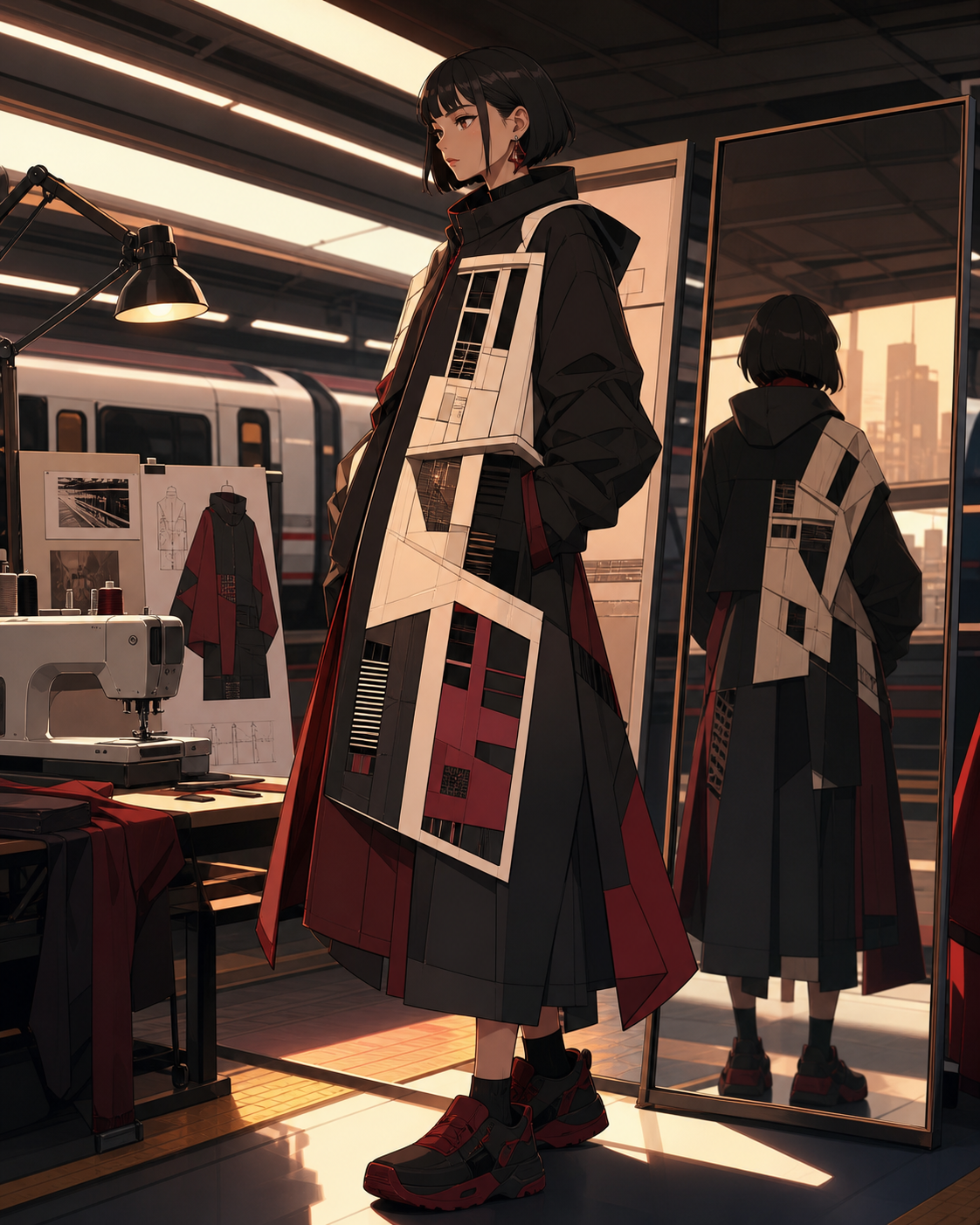 A model wearing architecture-inspired streetwear at a transit platform, in a public urban location that explains how the clothing functions. Group editorial frame built around contrasting silhouettes. Crimson, black cher