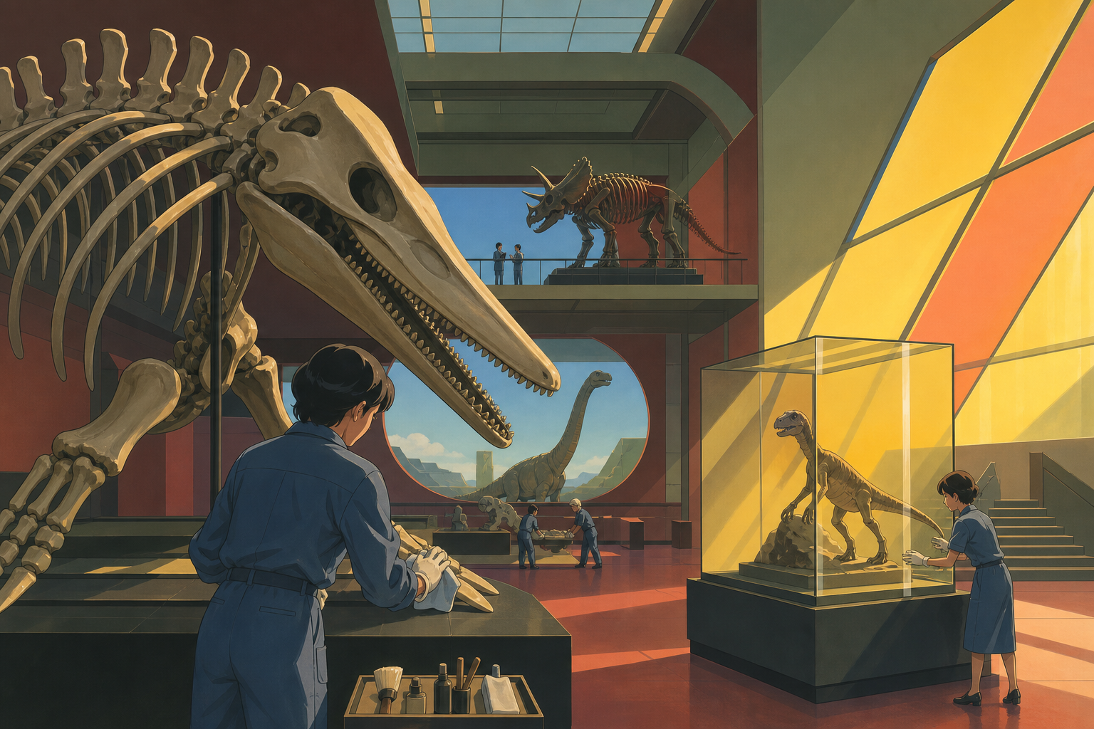 A natural history hall where one enormous skeleton remembers being alive, at the instant one carefully arranged display breaks its established rule. Over-the-shoulder conservation view revealing several gallery depths. C