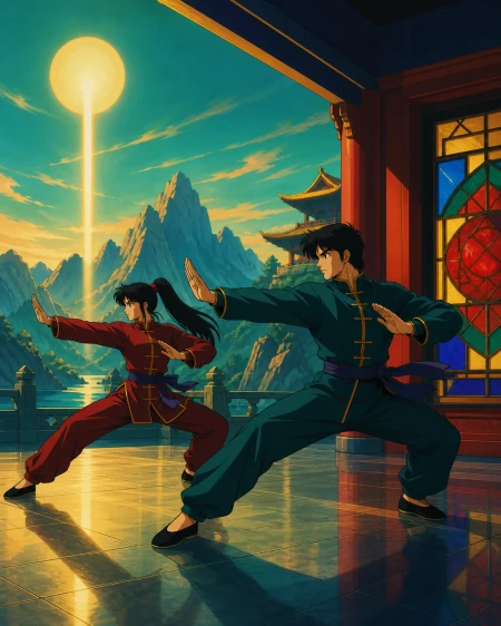 Siblings practicing synchronized forms beside a mountain temple, in a calm location whose stillness contrasts with precise movement. Wide side-on frame showing both complete poses 