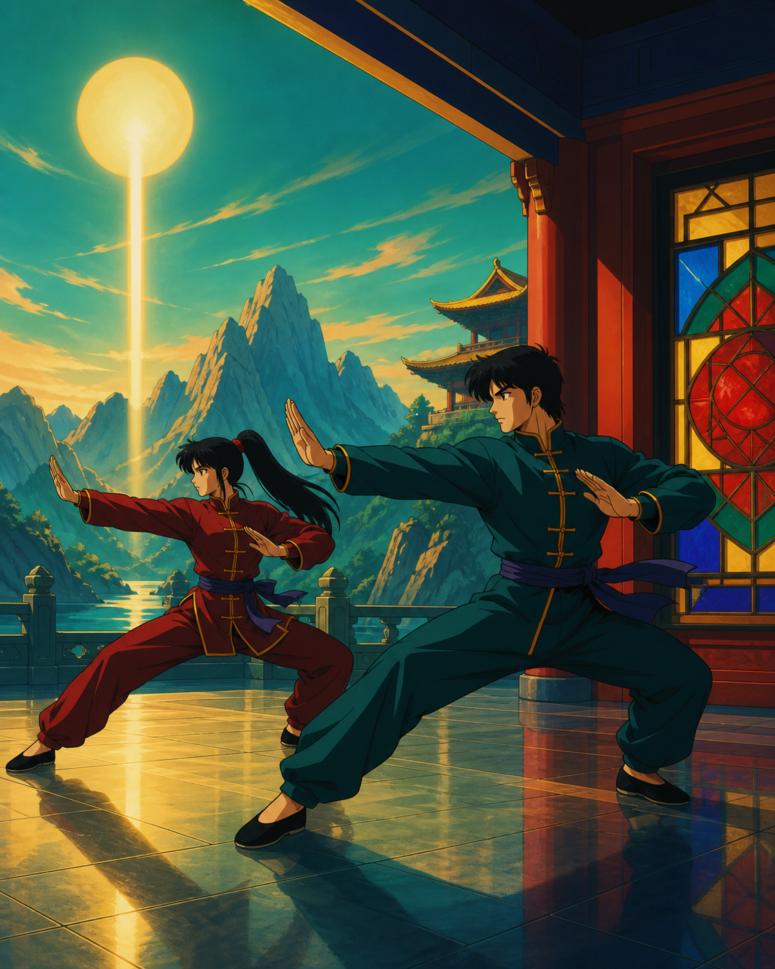 Siblings practicing synchronized forms beside a mountain temple, in a calm location whose stillness contrasts with precise movement. Wide side-on frame showing both complete poses and the space between them. Emerald, sta