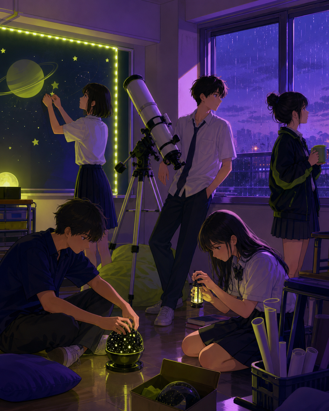 Teenagers turning an unused classroom into a tiny astronomy club, during a sudden summer shower that changes everyone's plans. Ensemble frame with each student's role readable at a glance. Acid lime, ultraviolet, matte n