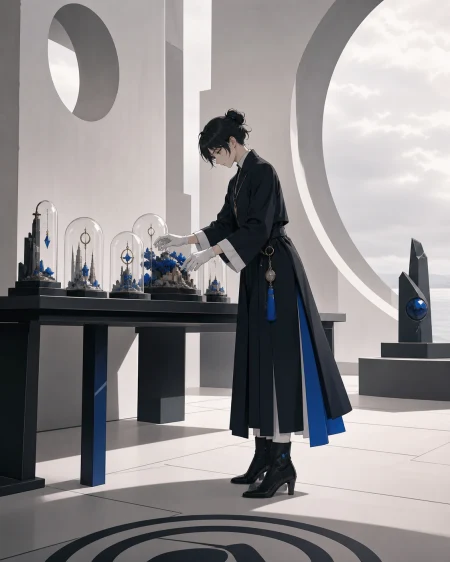 A jeweler arranging wearable miniature worlds for a private viewing, captured as a character-driven editorial moment rather than a product display. Full-body editorial frame with g