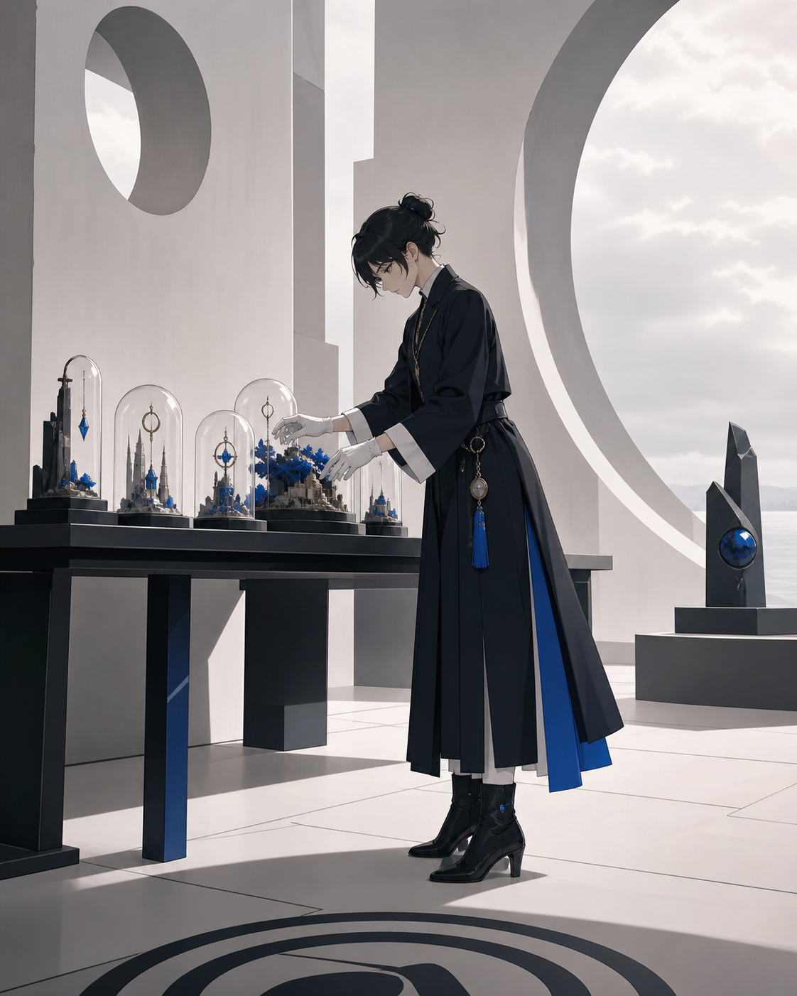 A jeweler arranging wearable miniature worlds for a private viewing, captured as a character-driven editorial moment rather than a product display. Full-body editorial frame with generous negative space. Soft monochrome 