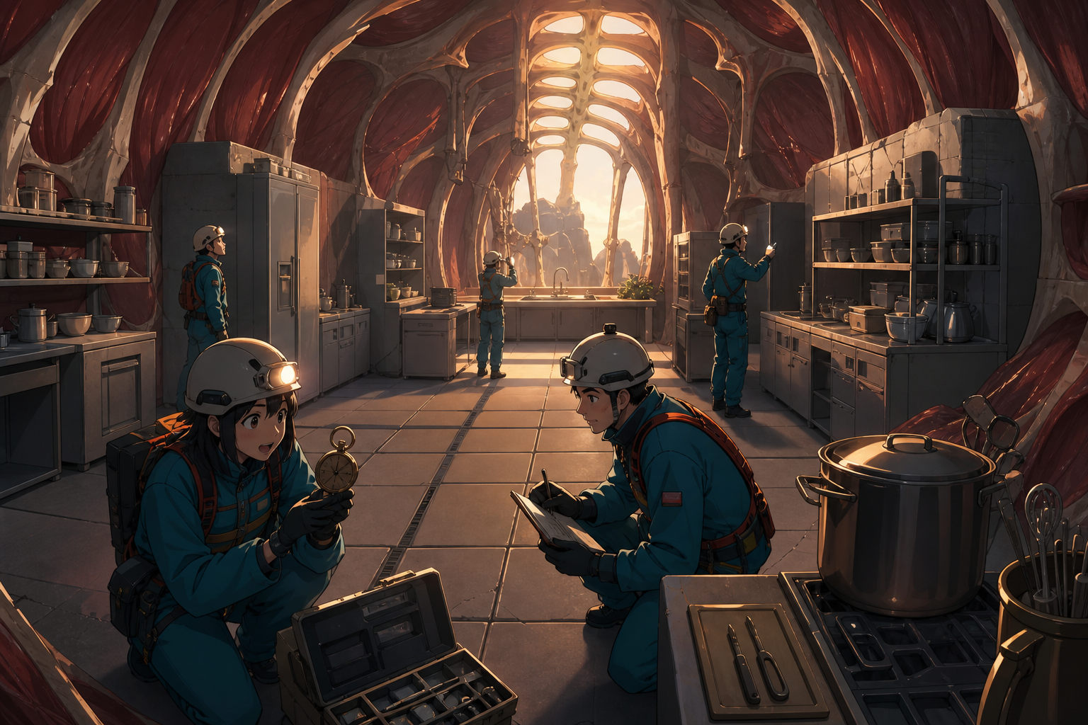 A research team entering a perfectly preserved kitchen inside a buried titan, as a familiar artifact appears in an impossible historical context. Vertical chamber composition with people placed clearly for scale. Petrol 