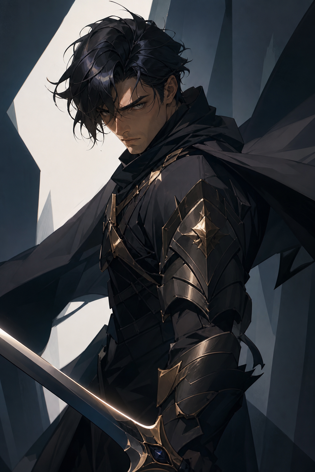 A fantasy male warrior with intense expression, concept art style, sharp edges and soft painterly skin blending, moody atmospheric lighting, dramatic shadows
