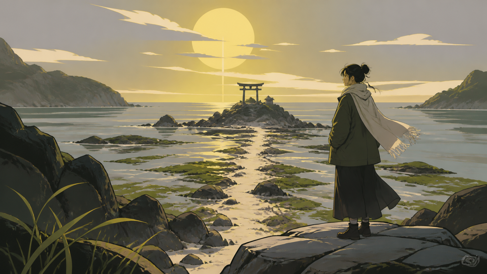 A coastal shrine path uncovered only during the lowest winter tide, shown during a fleeting natural event residents quietly anticipate each year. Tranquil landscape panorama with a strong foreground-to-distance rhythm. M