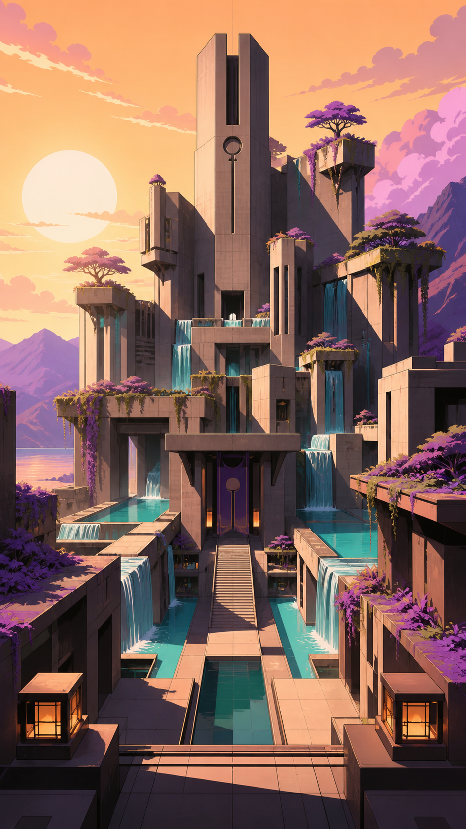 A brutalist monastery softened by waterfalls and floating gardens, shown empty just before its inhabitants wake. Architectural hero view with controlled symmetry and deep spatial layers. Apricot, orchid purple, pool turq
