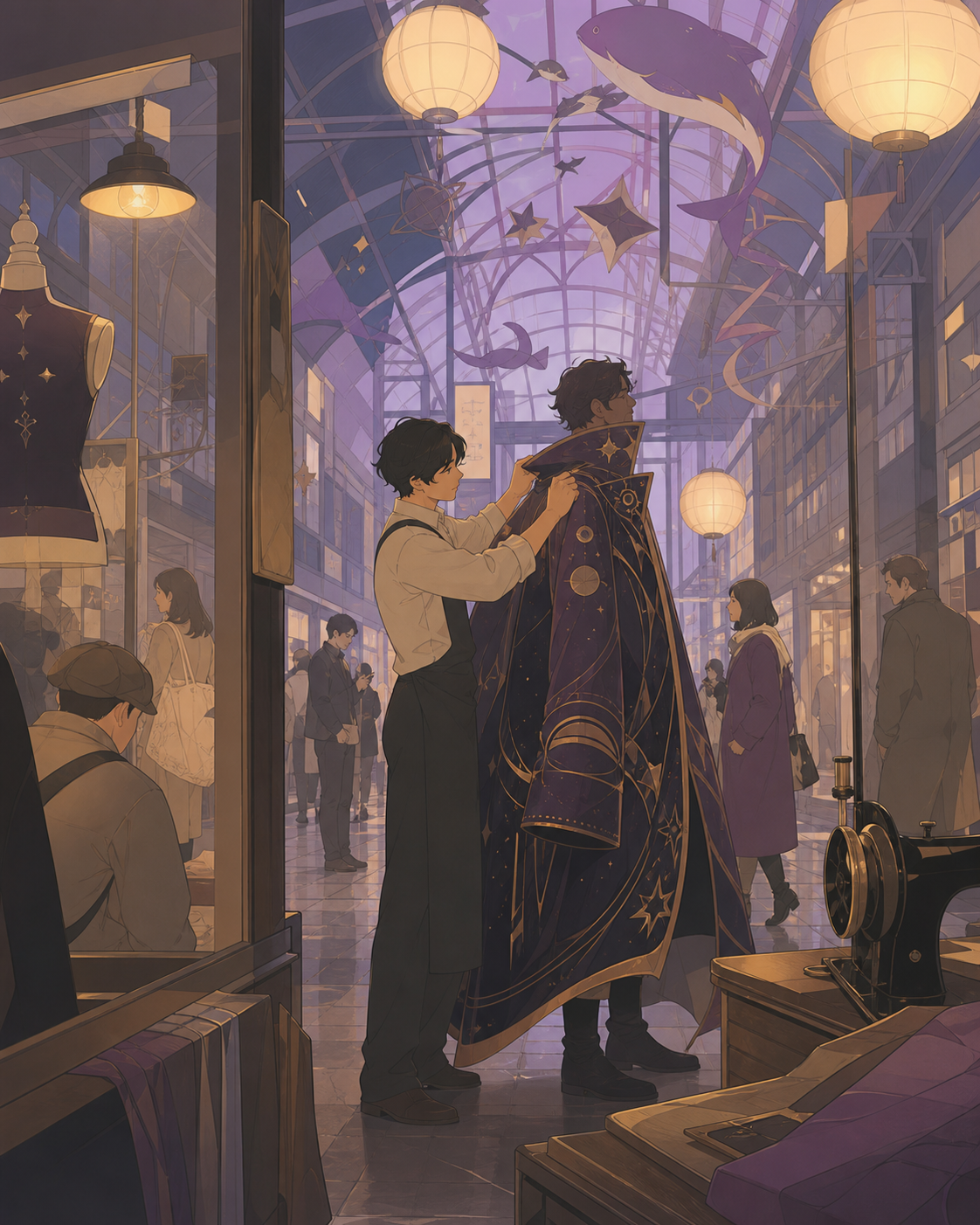 A tailor fitting an impossible coat in a crowded underground arcade, during a quiet weekday hour when the city briefly feels private. Cinematic wide shot composed through windows, signs without readable text, and reflect
