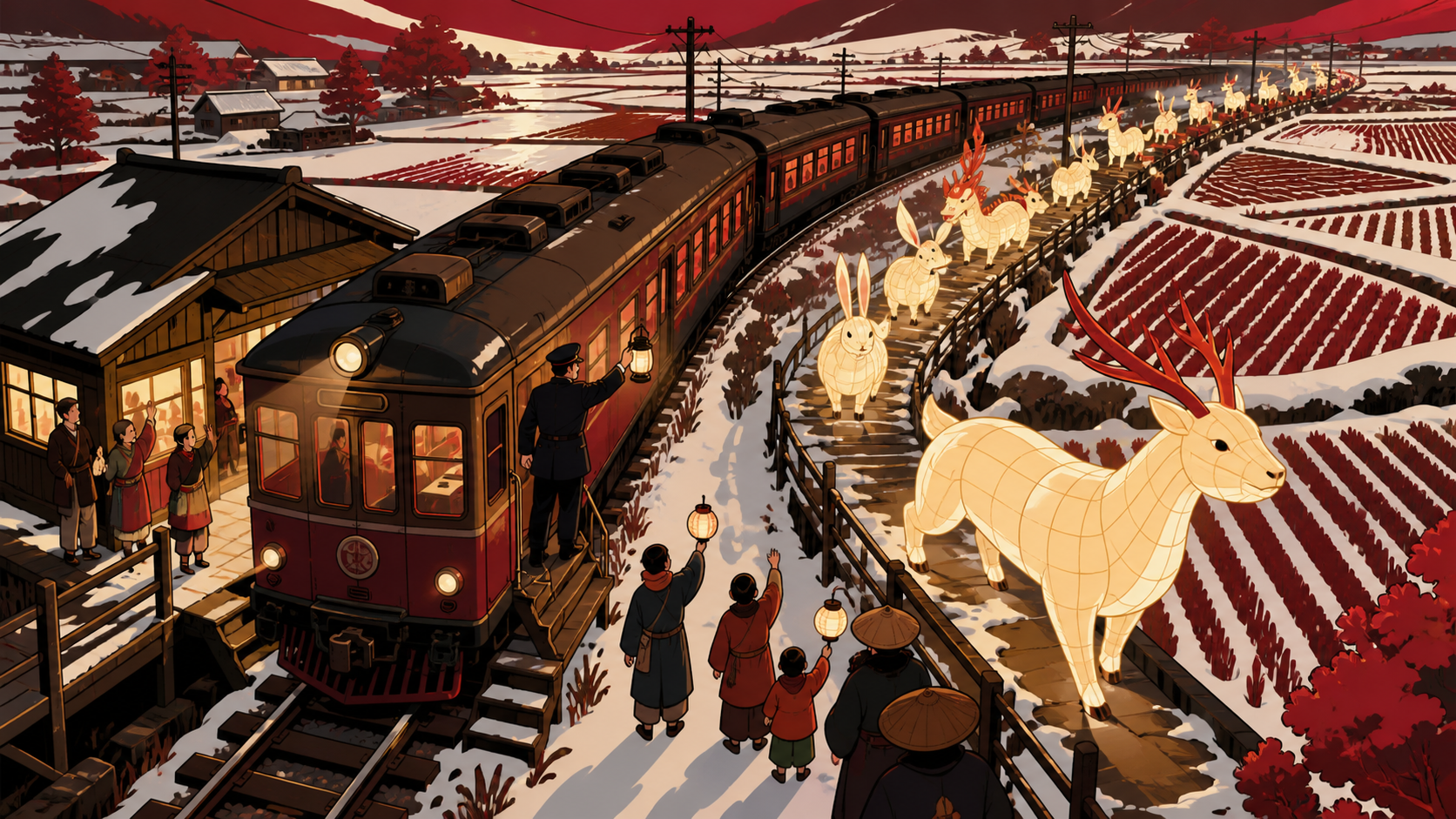 A rural train operator stopping for migrating lantern animals, when one small natural irregularity becomes a village event. Elevated view organizing fields and paths into clean graphic shapes. Crimson, black cherry, mute
