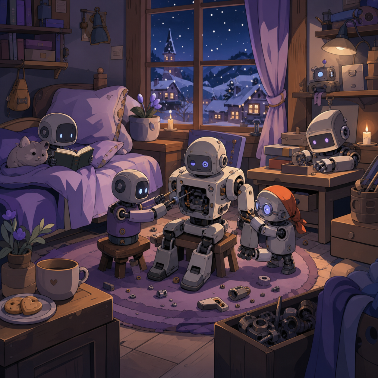 A cluttered bedroom workshop where miniature robots repair one another, on the first snowy night of the year. Cozy eye-level view with foreground objects framing the scene. Pale lavender, icy blue, graphite, and one warm