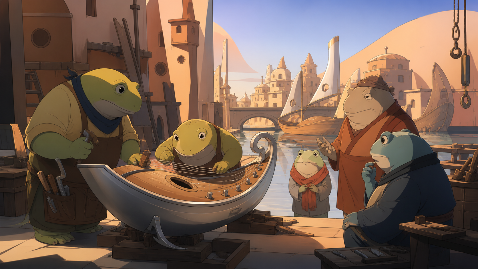 A riverside town where round amphibian artisans build musical boats, as a minor civic problem brings several personalities together. Street-level view immersed in the society's everyday architecture. Sun-bleached peach, 