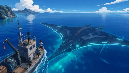 A small research crew sailing beside a vast mechanical manta ray, while calm seas make one unusual event impossible to miss. High coastal viewpoint following the ship's route throu