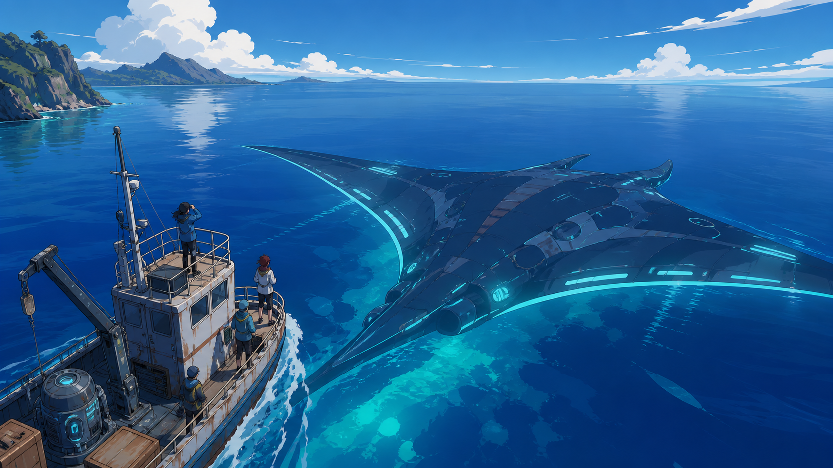 A small research crew sailing beside a vast mechanical manta ray, while calm seas make one unusual event impossible to miss. High coastal viewpoint following the ship's route through the scene. Ultramarine, bioluminescen