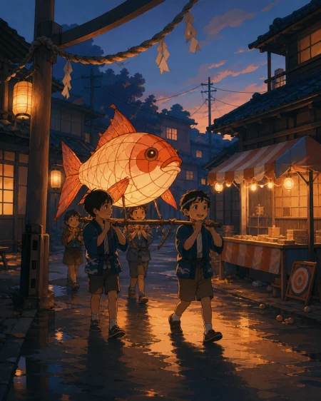 Children carrying a handmade fish lantern through a neighborhood procession, in the calm hour after the final visitors have gone. Quiet post-festival composition centered on worker