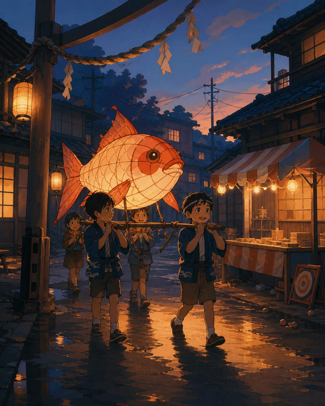 Children carrying a handmade fish lantern through a neighborhood procession, in the calm hour after the final visitors have gone. Quiet post-festival composition centered on workers and leftover light. Amber, walnut brow
