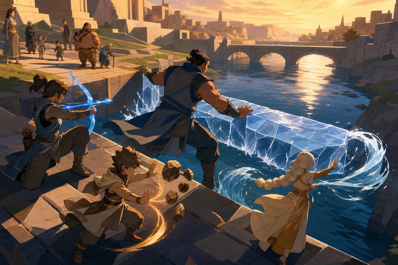 A family of elemental guardians combining powers across a river crossing, with civilians already safe and the environment shaping the strategy. Elevated tactical view with clear paths and coordinated movement. Sun-bleach