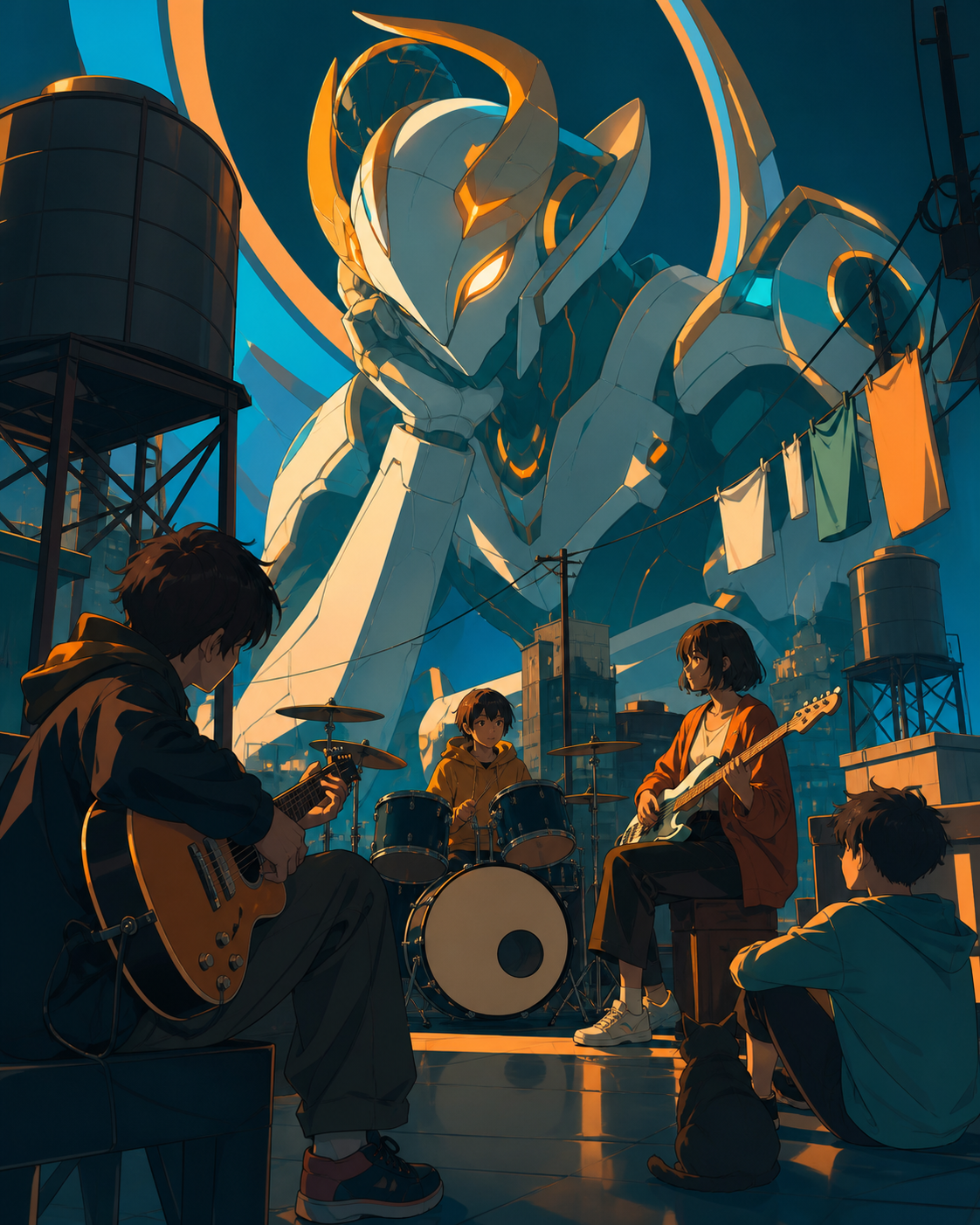 Young musicians rehearsing while a giant spirit listens between buildings, as one supernatural visitor joins a familiar neighborhood routine. Low intimate view with the supernatural element rising behind the group. Saffr