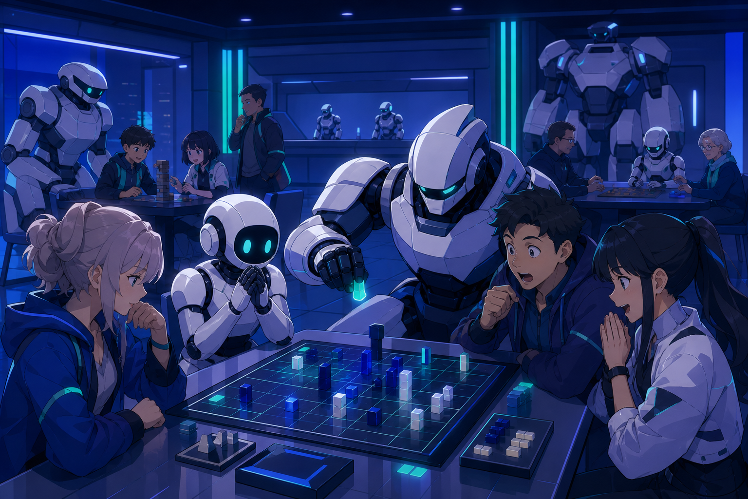 A community game night shared by humans and courteous service robots, as one surprising move changes everyone's expectations. Wide community-room scene with several games and one primary group. Ultramarine, bioluminescen