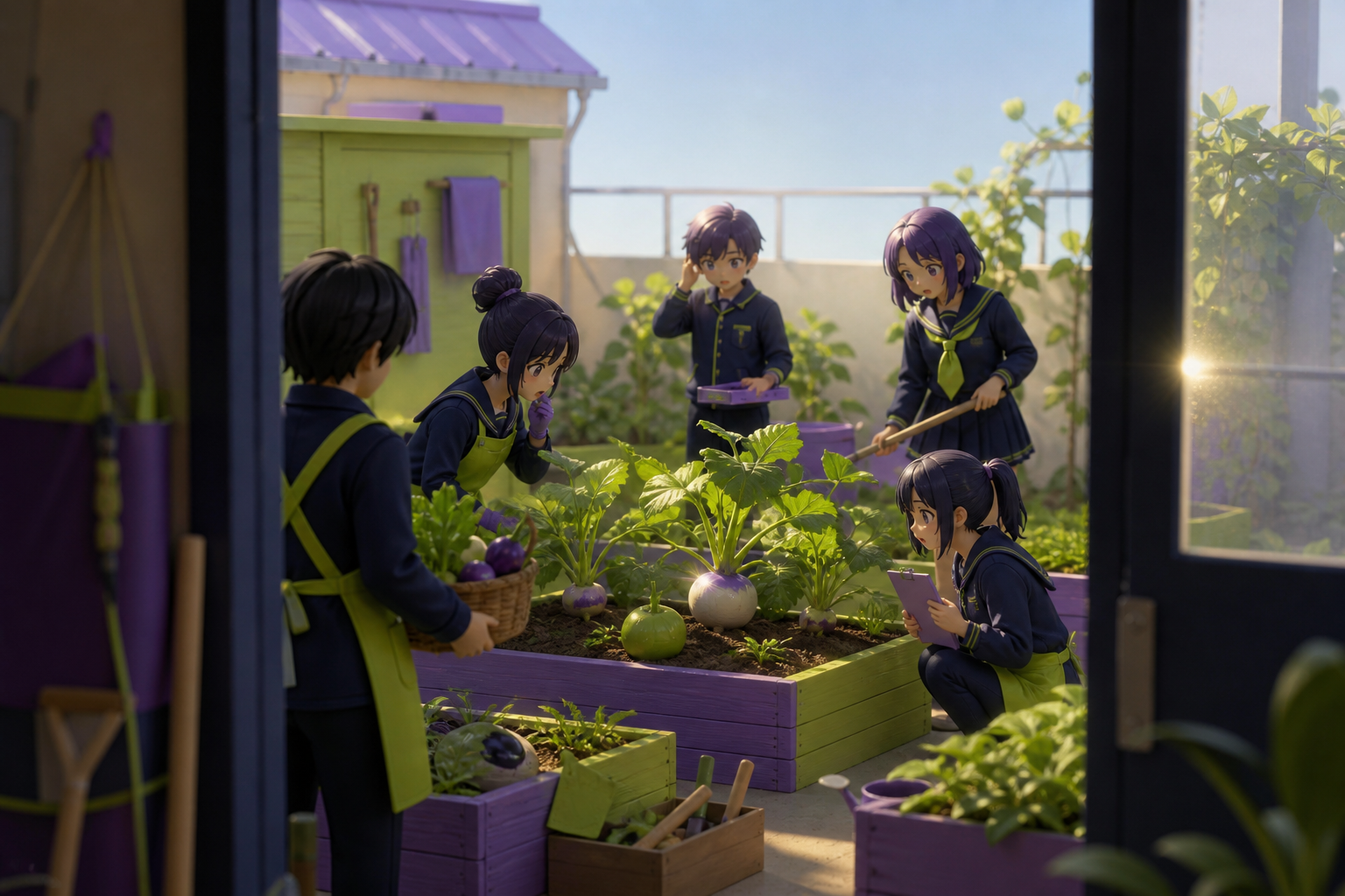 The gardening club discovering their vegetables quietly rearrange themselves, during organized chaos where every member has a clear task. Doorway-framed candid scene with several small connected moments. Acid lime, ultra