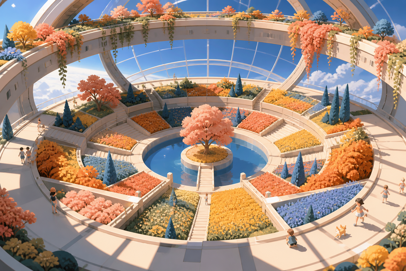 An orbital botanical park curving overhead inside a ring habitat, at peak seasonal color represented through broad clean masses. Elevated composition revealing geometric planting and water structure. Sun-bleached peach, 