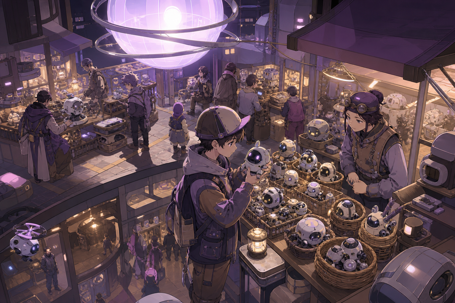 A teen choosing a tiny companion robot from a crowded repair stall, at the busiest hour with many distinct but readable transactions. Elevated composition revealing intersecting paths and stall clusters. Mulberry, tea br