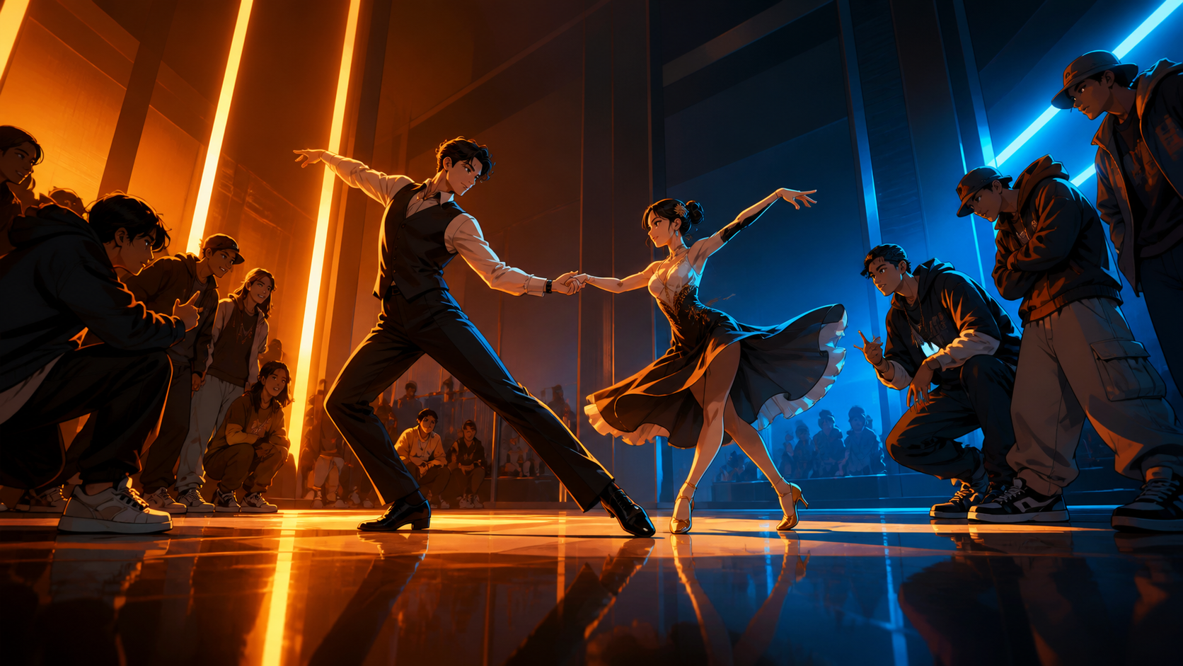 A ballroom pair answering a hip-hop crew with playful choreography, at the strongest pose of a friendly exchange rather than a hostile fight. Low side angle focused on footwork and opposing movement lines. Amber, walnut 