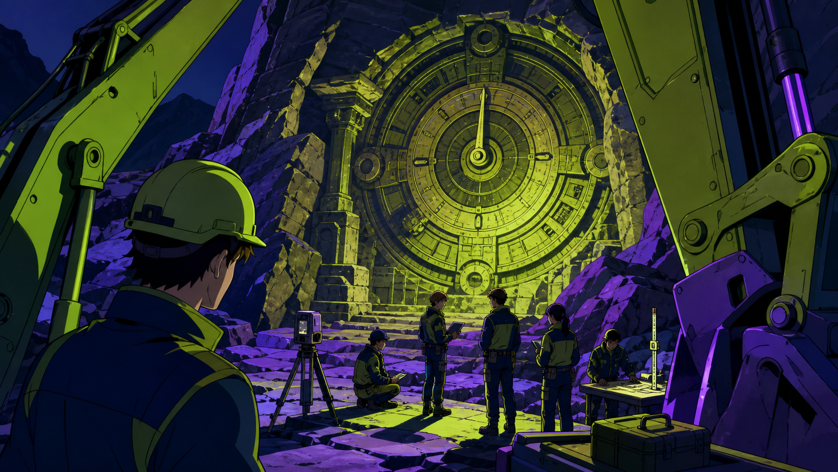 A mountain excavation revealing a ceremonial machine still keeping time, with the team quietly comparing evidence around one central discovery. Over-the-shoulder reveal framed by excavation equipment. Acid lime, ultravio
