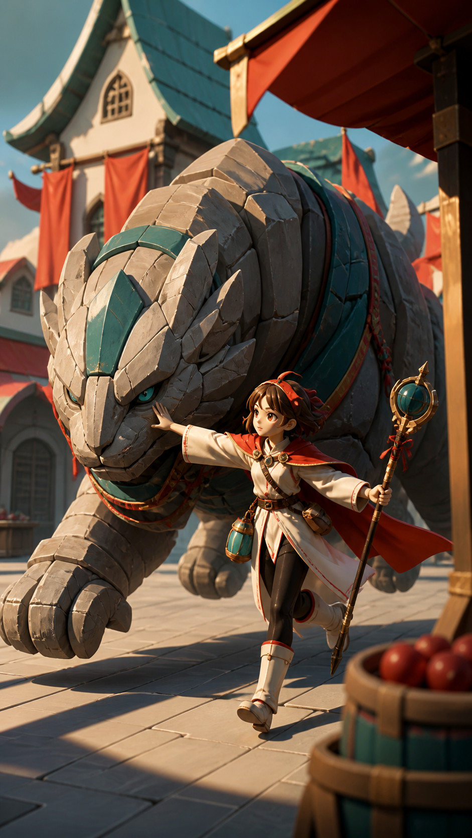 A rescue mage steering a runaway stone beast through an empty market square, during a high-stakes task centered on protection rather than destruction. Wide action frame with a single unmistakable movement direction. Verm