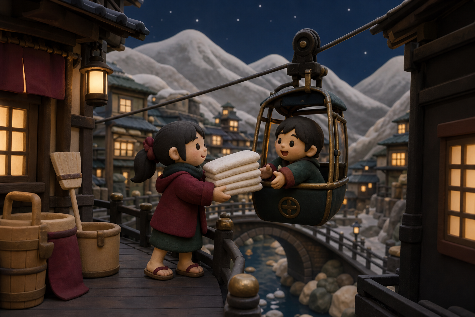 Local children delivering folded towels by tiny cable car, on a cold evening when every window feels welcoming. Intimate walkway frame with architecture enclosing the characters. Burgundy, midnight green, bone white, and