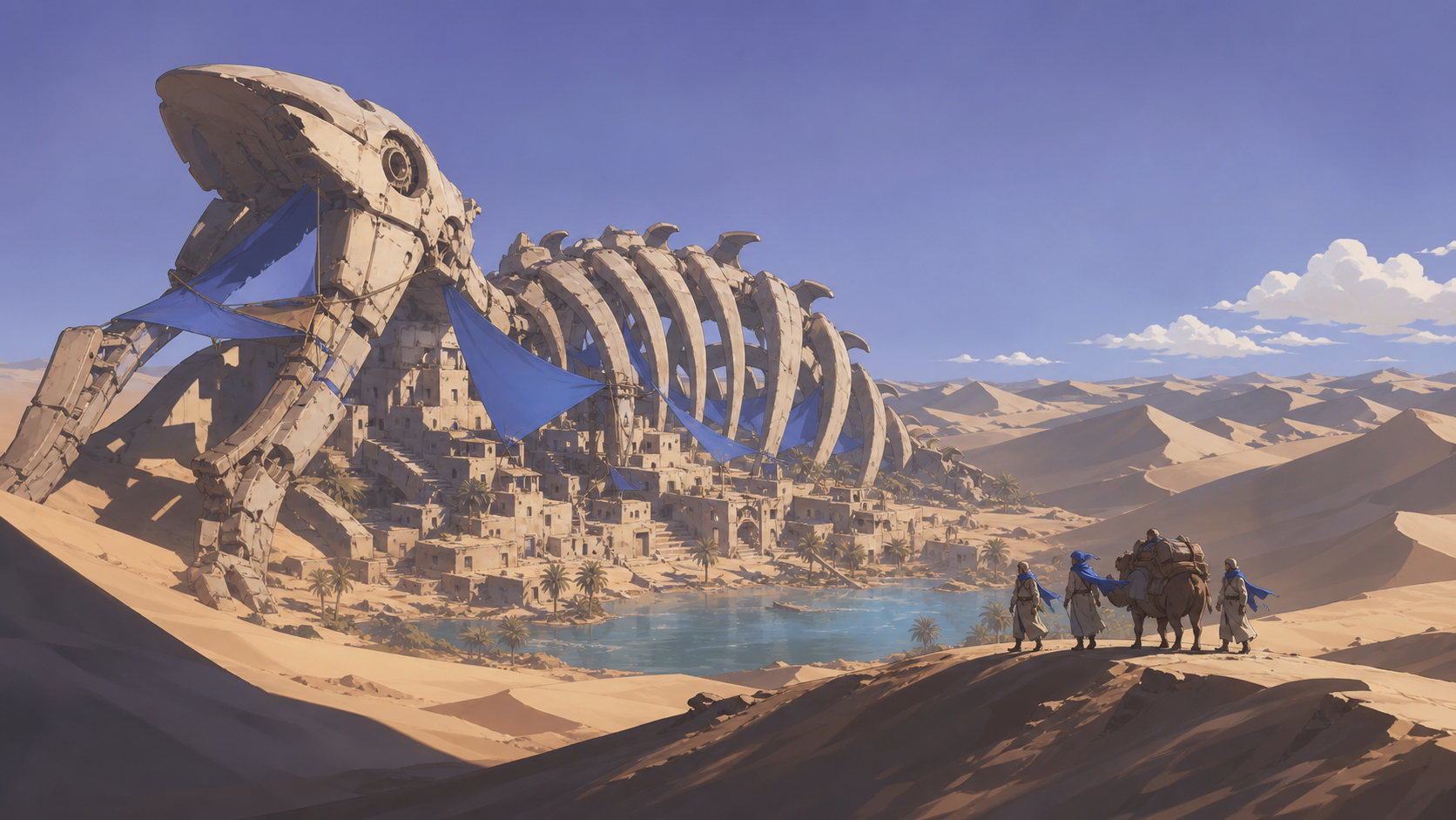 An oasis settlement built around the skeleton of an ancient machine, during a difficult crossing made beautiful by unfamiliar weather. Extreme wide landscape with a small but readable journey crossing it. Soft monochrome